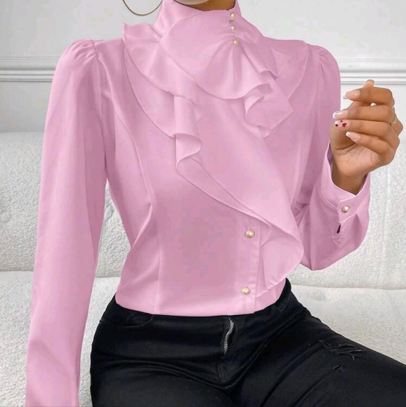 Tops - Women's Ruffle Trim Decorated Long Sleeve Shirt